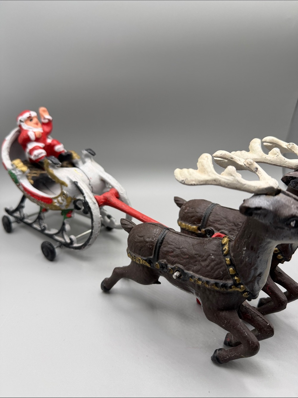 Vintage Hubley Stule Cast Iron Santa Claus Sleigh Two Reindeer